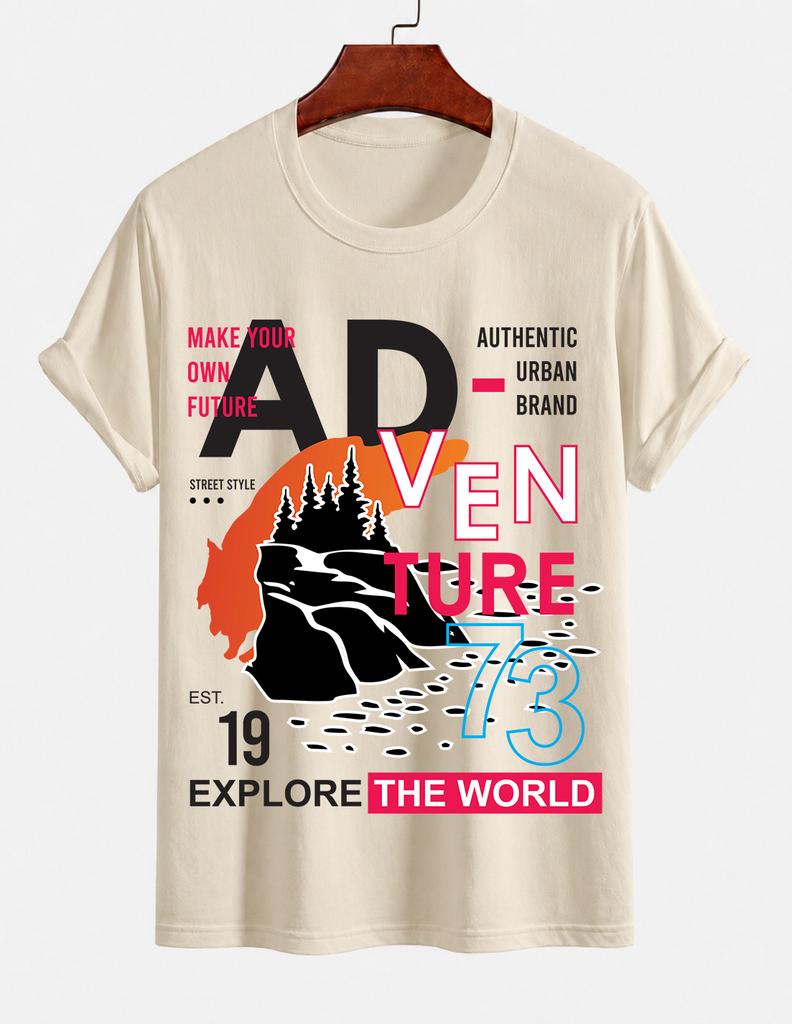 Unisexs Pure Cotton Solid Color Tshirt With Adventure World Exploration Print Crew Neck Short Sleeve Outdoor Street Casual Top