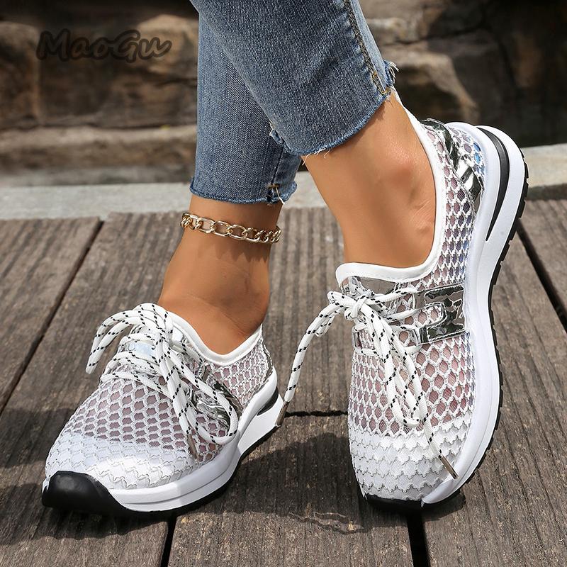 Fashion Hollow Mesh Breathable Sneakers for Women 2025 Summer Lightweight Slip On Sports Shoes Woman Plus Size Fashion Platform Sneakers