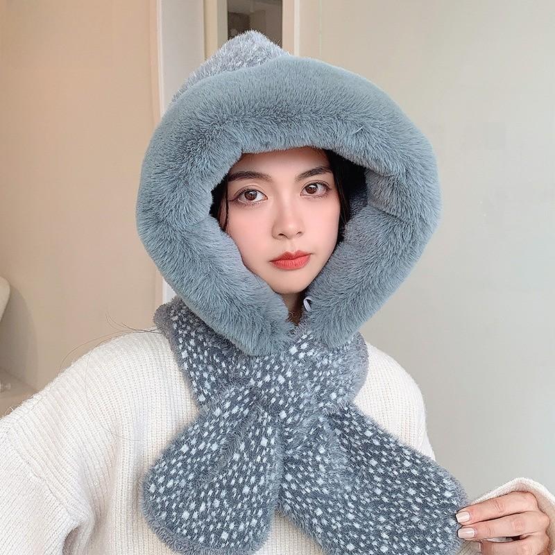 Winter Plush Hat With Scarf For Adults Pure Color Cozy Windproof Korean Style