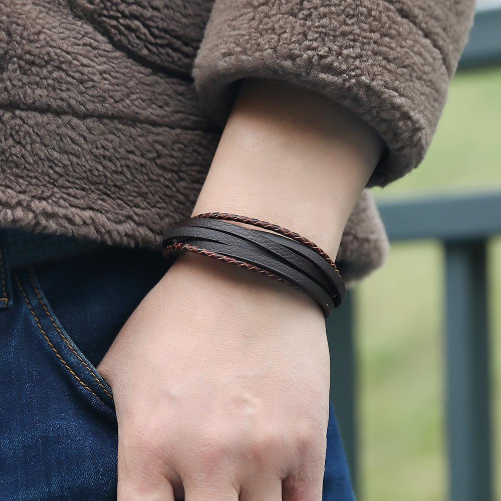 Cross-Border New Accessories Multi-Layer Simple Woven Men's Iron Bangles Magnet Buckle Imitation Leather Spot