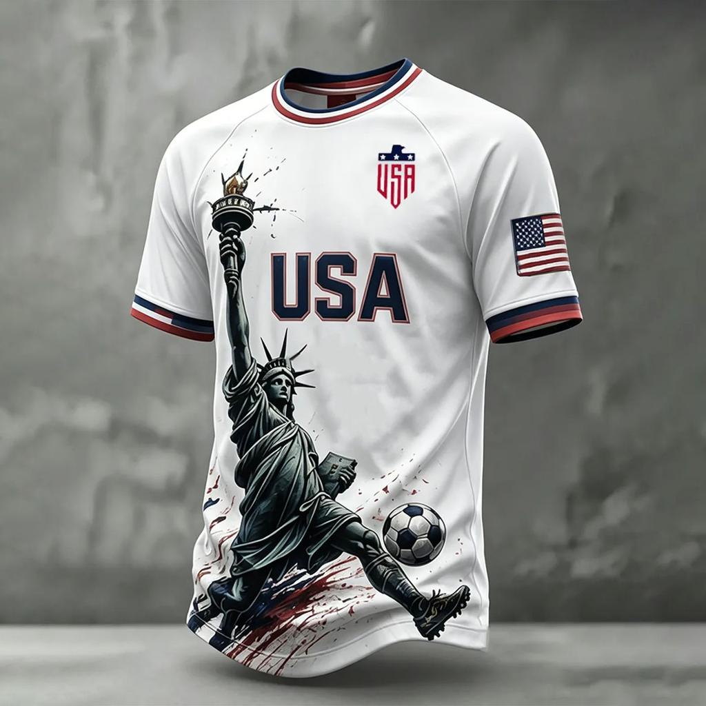 Męska casualowa, lekka, oddychająca koszulka z krótkim rękawem i okrągłym dekoltem z nadrukiem USA 2026 Design Koszulka na temat piłki nożnej