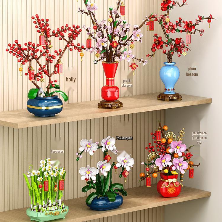 Lele Brothers New Year Persimmon Ruyi Building Blocks: Handmade Spring Festival Flower Ornament for Kids