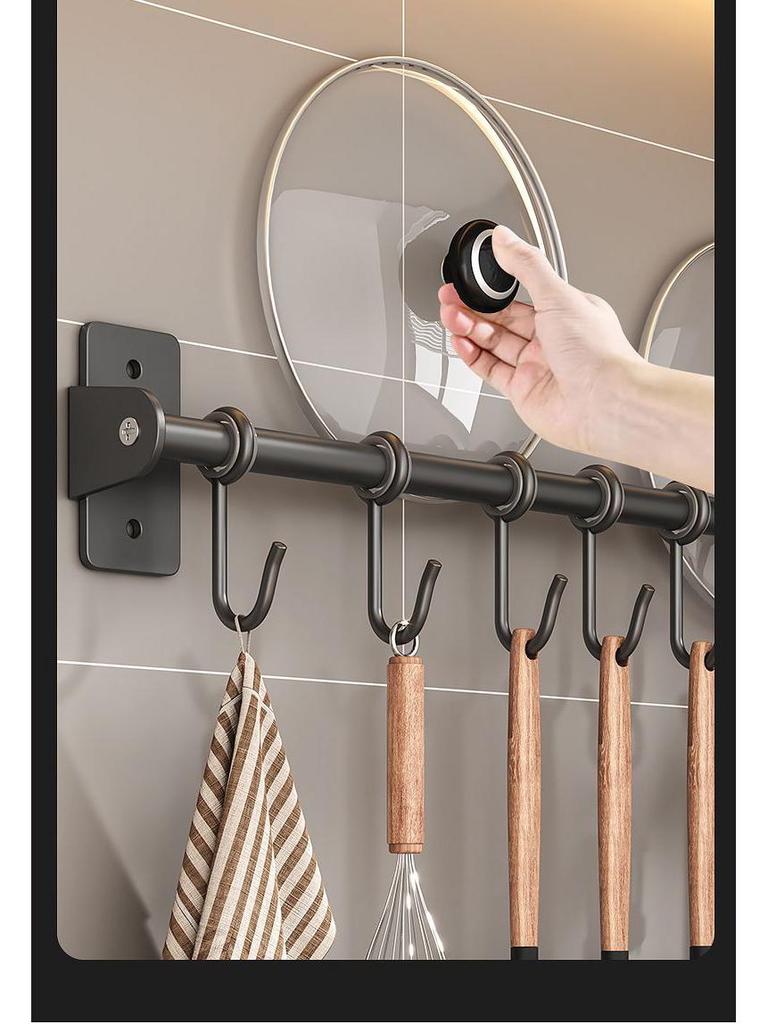 Punch-Free Wall-Mounted Kitchen Storage Rack with Hooks for Pots, Turners, and Spoons