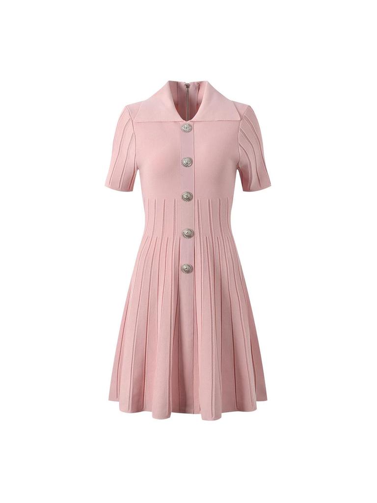 2026 European & American Coco-Inspired Knit Dress: Short Sleeve, A-Line Skirt, French Lapel