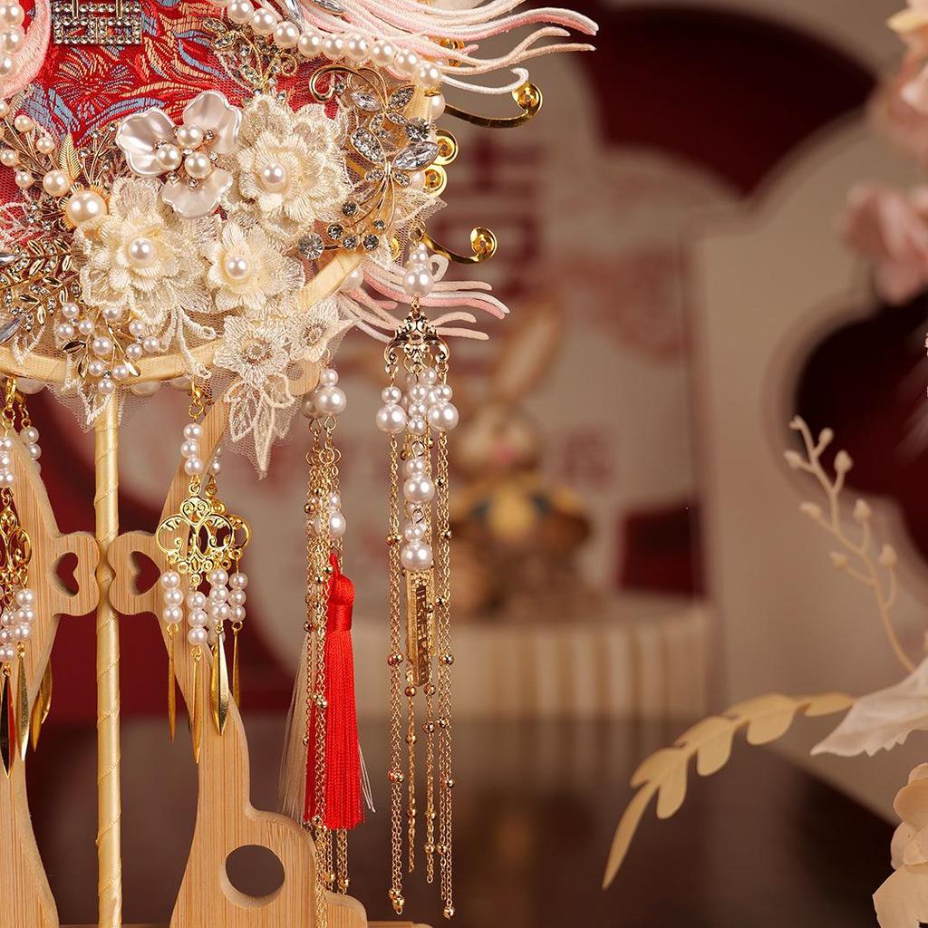 Bride's Joy DIY Handmade Double-Sided Long Handle Wedding Xiuhe Fan - Two-Color Round Face Cover Gift