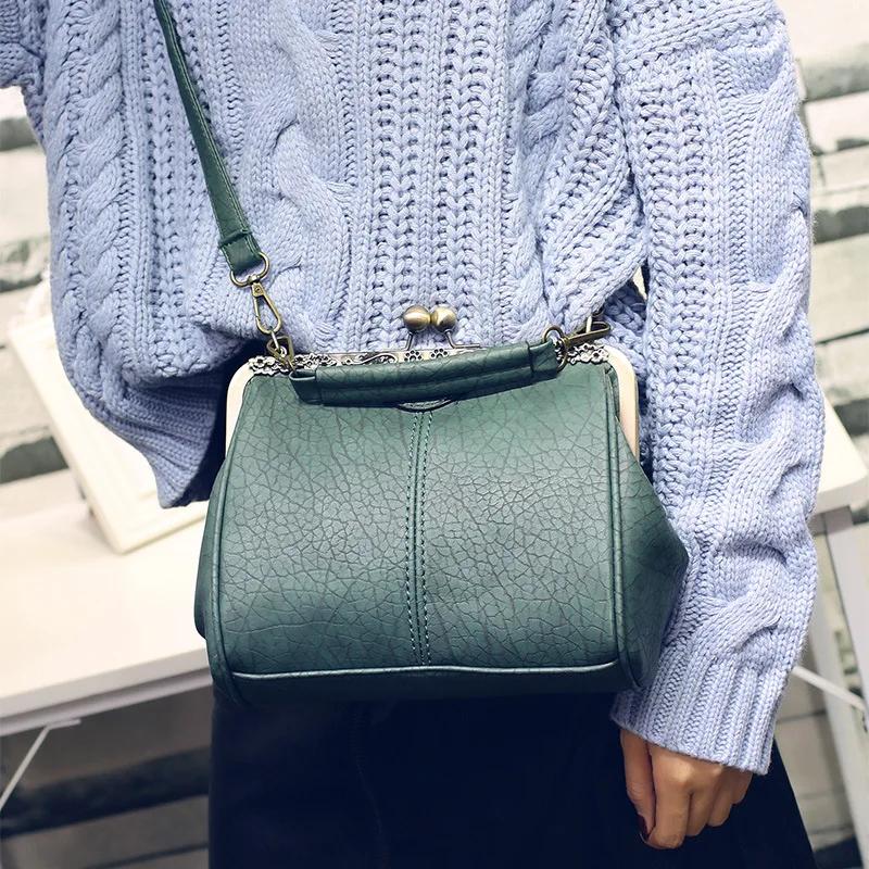 Fashi Women Clip Bags PU Leather Tote Handbag Female Kiss Lock Bag Luxury Vintage Crossbody Purse Bags Messenger Bag for Women