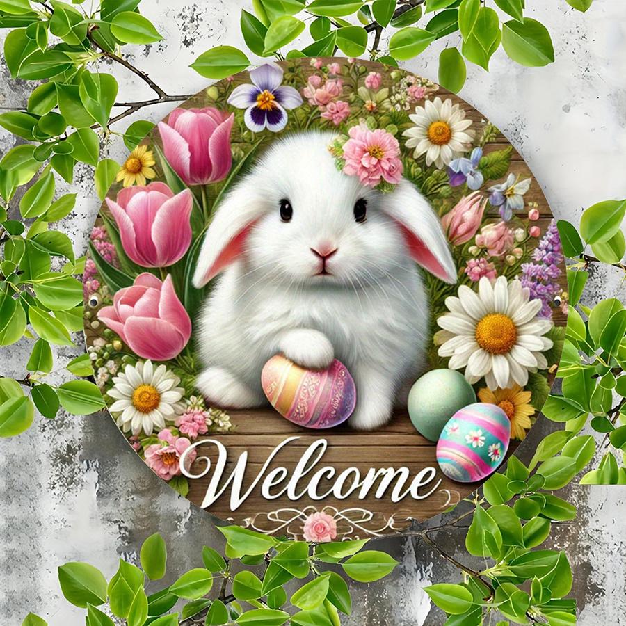 2D Plat 20cm Joyeuses Pâques petit lapin blanc fleurs Décoration Murale en Bois - ballon voiture Pendentif en Bois Fête Universelle, Décoration de Maison