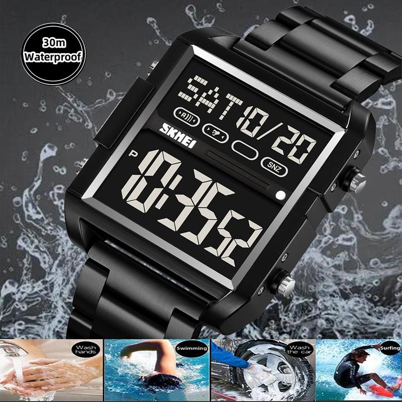 Skmei Luxury Brand Steel Strap Digital Watches for Mens Dual Time Zone Waterproof LED Chronograph Fashion Date Week Alarm Clock