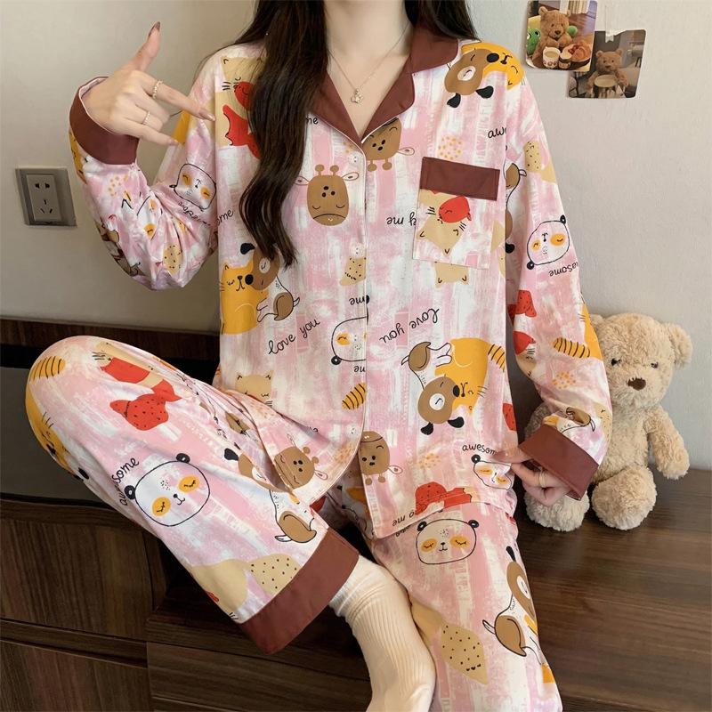 Spring and Autumn New Imitation Cotton Pajamas Women's High-end Plaid Long-sleeved Cartoon Embroidered Loungewear Two-piece Set