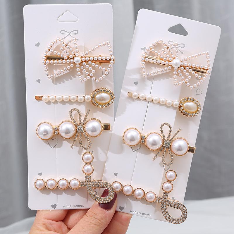 2025 New Fashion Ladies Sweet Pearl Bow Hair Clip Personalized Hair Clip With Rhinestones 4-piece Set Alloy Hair Clip золотой