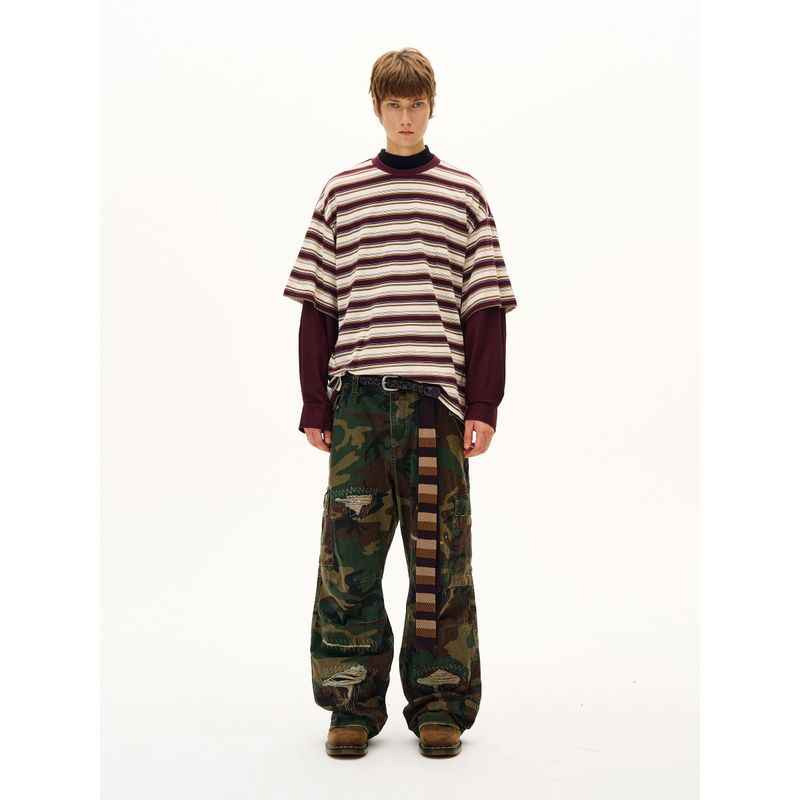 Madwitch American Classic Fake Two-Piece Striped Long-Sleeve T-Shirt for Men and Women, Loose Casual Lazy Couple Top Ins