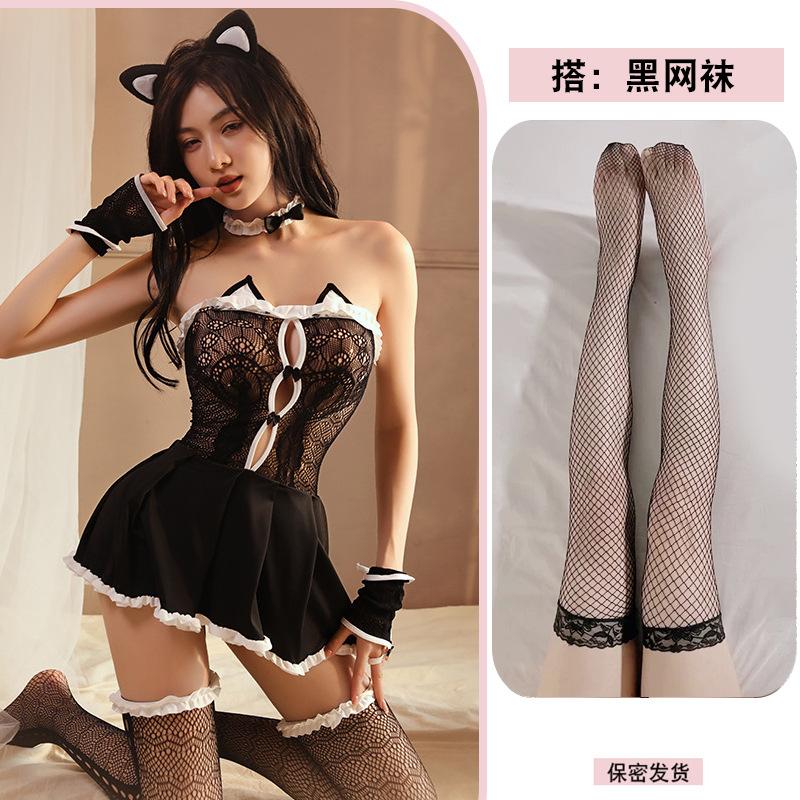 Sexy lingerie sexy pussy nightdress lace off-the-shoulder dress perspective seduction maid uniform suit