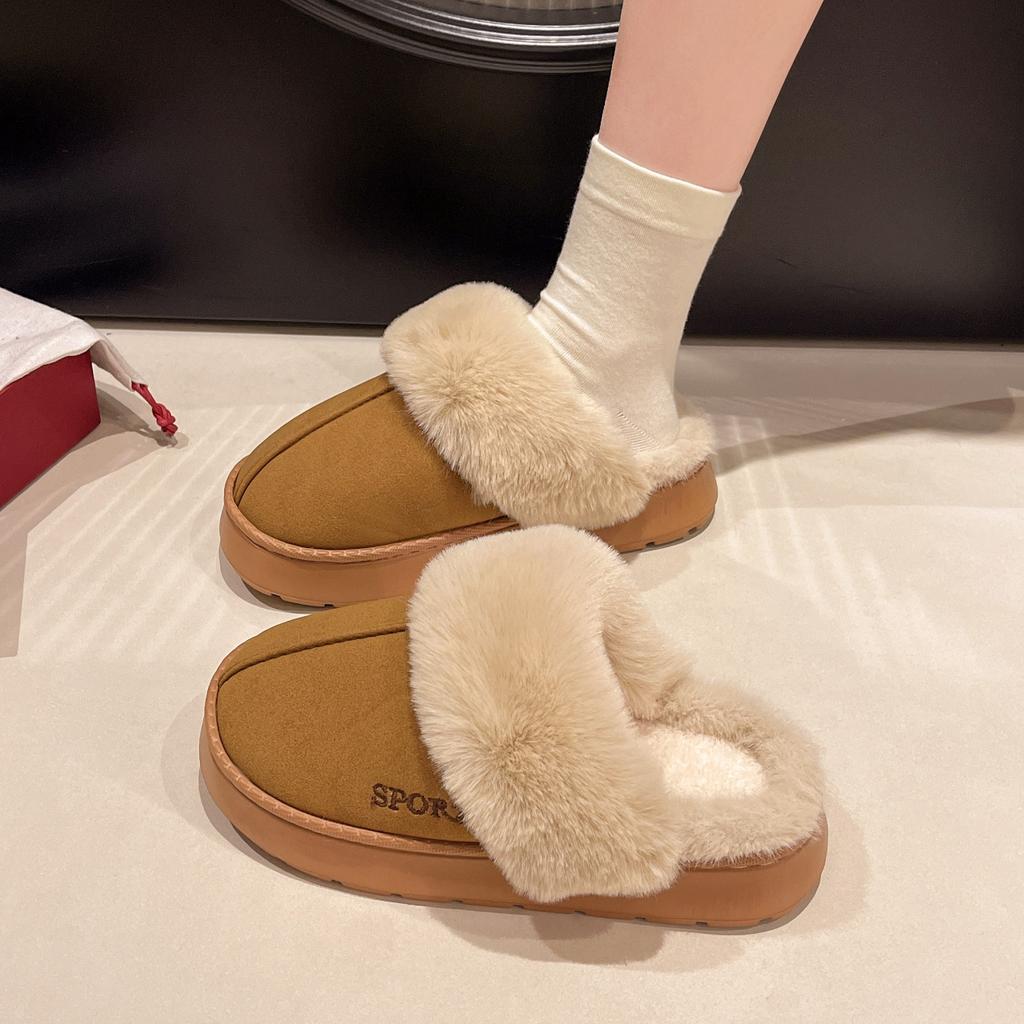 New Big Hair Slippers, Fashionable Home Non-slip Bottom Simple Hair Cotton Shoes