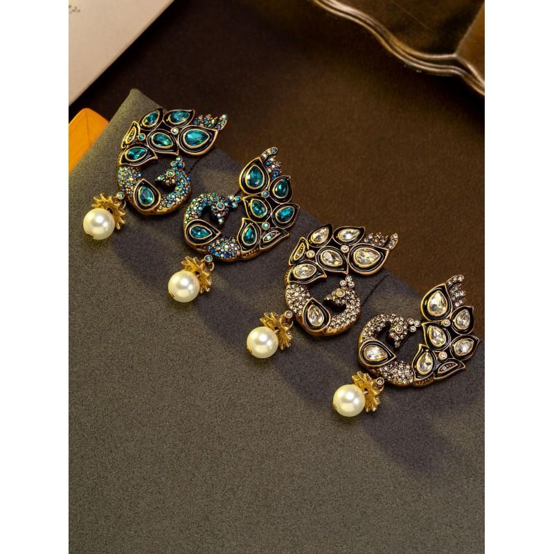 Vintage Set With Diamonds Peacock Pearls Tassel Earrings Court Style