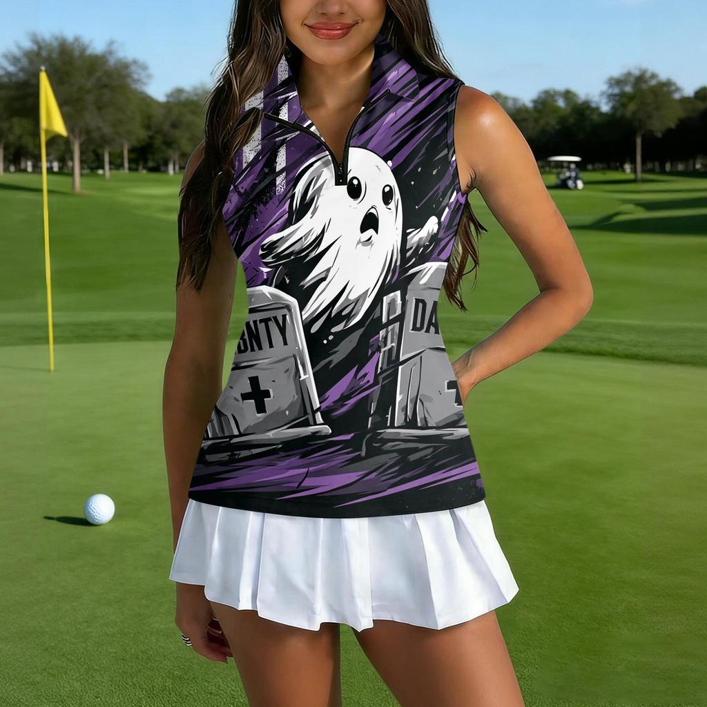 Women's Sleeveless Golf Shirt with Zip Front and Collar, Halloween Print Sporty Vest