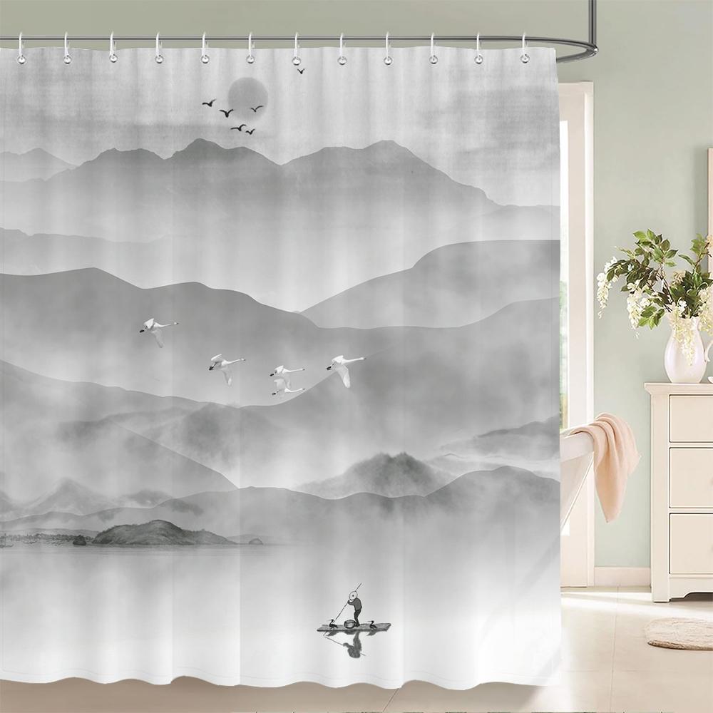 Chinese Ink Painting Landscape Bath Curtain Waterproof Shower Curtains Marble Pattern Bath Screen Printed Curtain For Bathroom