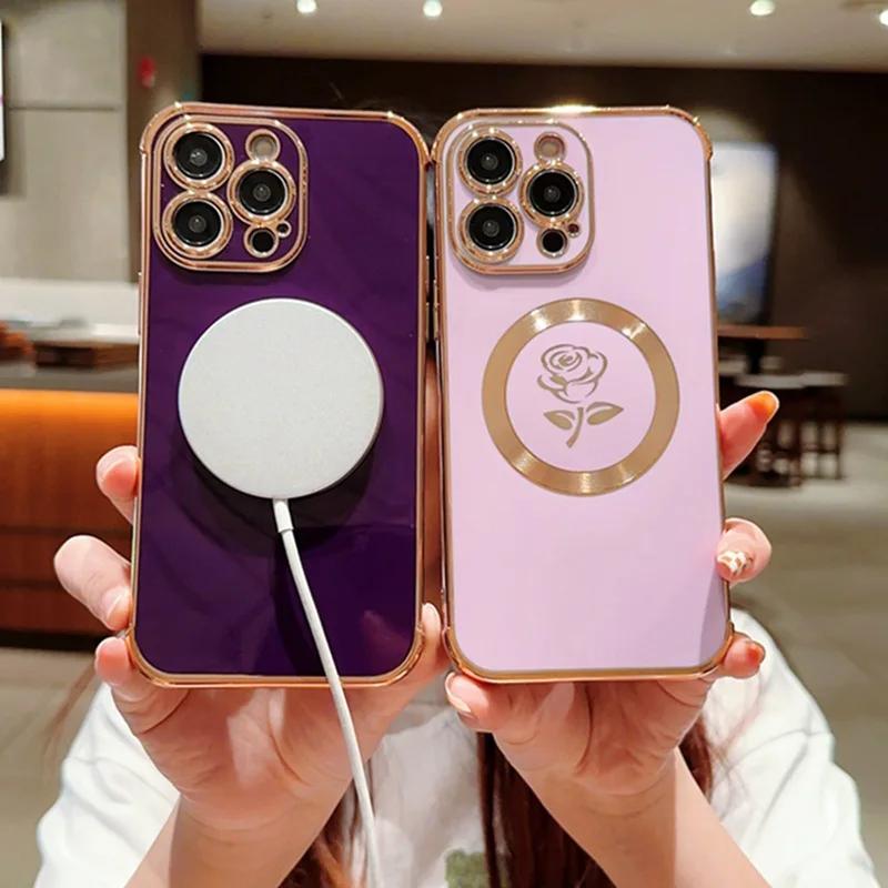 Etui z ramką 6D, z kwiatem róży z boku, dla iPhone 15 14 Plus 11 13 12 Pro Max, wstrząsoodporne, z możliwością ładowania bezprzewodowego, silikonowe, magnetyczne