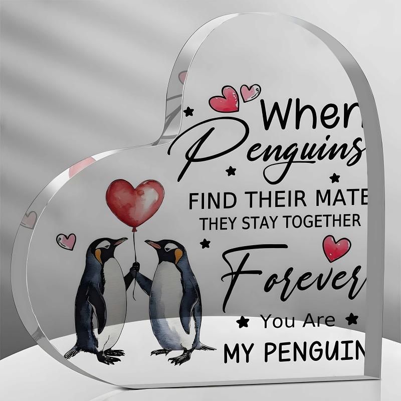 

2D Flat When Penguins Find Their Mate Acrylic Heart Desk Decor Plaque, Penguin Design, Suitable for Wall Decoration, Porch, Room, Villa, Accents Hom 10*10CM