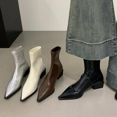 Bout pointu femmes bottines minces mode carré talon bas dames élégant dos fermetures à glissière chaussons courts chaussures pour femmes