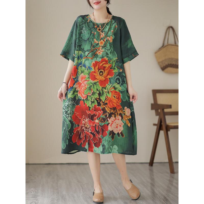 

2023 Summer Ethnic Floral Cotton Linen Dress for Women One Size