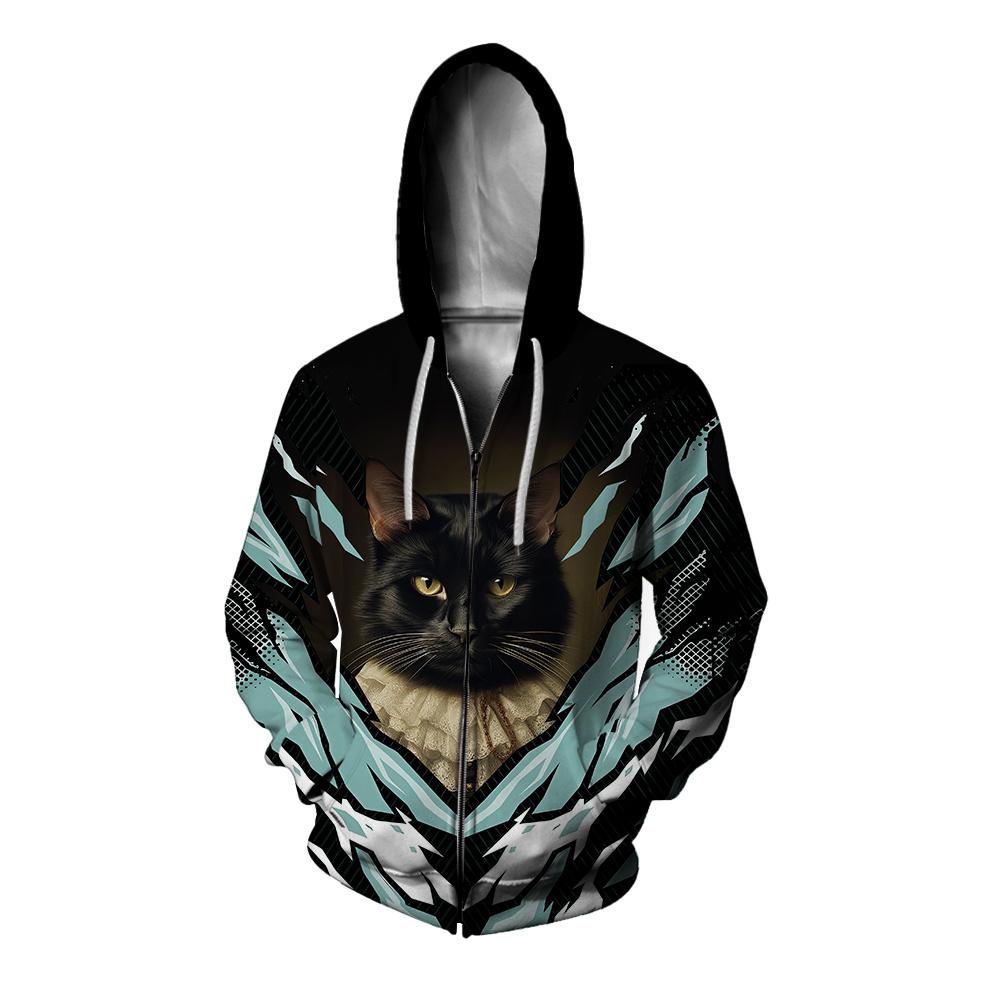 

Мужская толстовка с капюшоном на молнии с графическим карманом на молнии с изображением черного кота, 3D-принт, спортивная, для отдыха на природе, повседневная, облегающая, свитшоты
