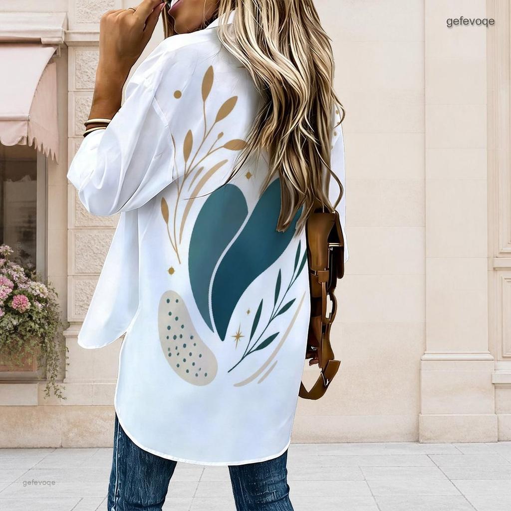 Women Plus Size Lapel Long Sleeve Button Shirt Dress Wine Glass Leaf Art Print Irregular Back Hem Tunic Dress