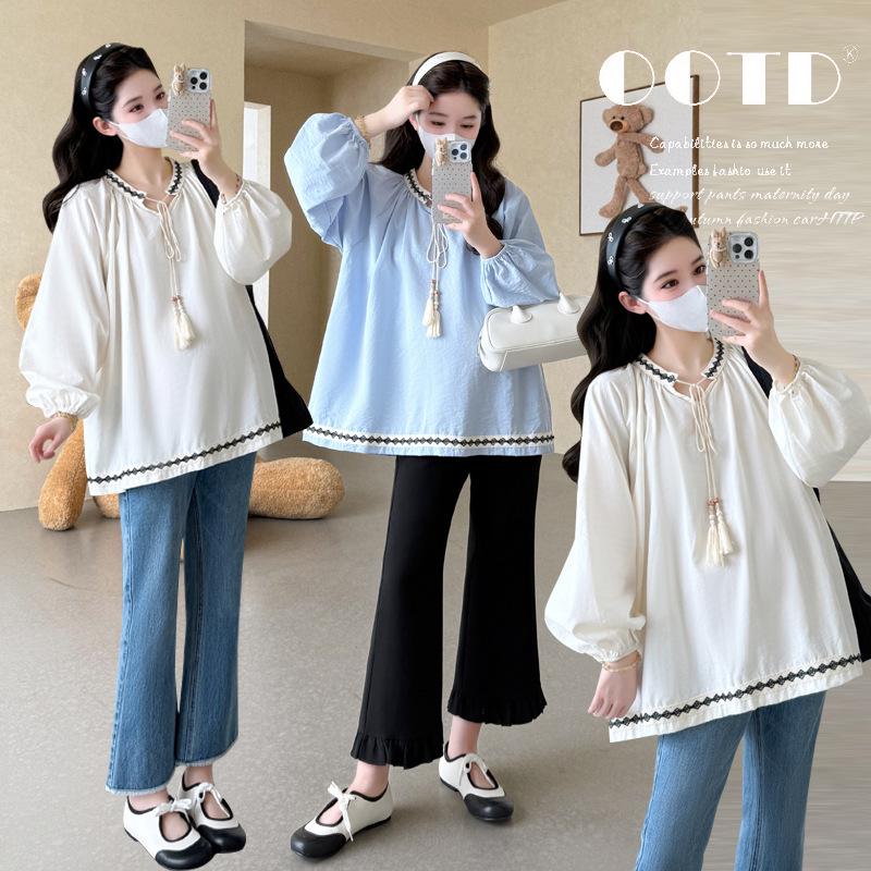 2026 Spring Korean Maternity Long Sleeve Ethnic Sweet Doll Shirt M