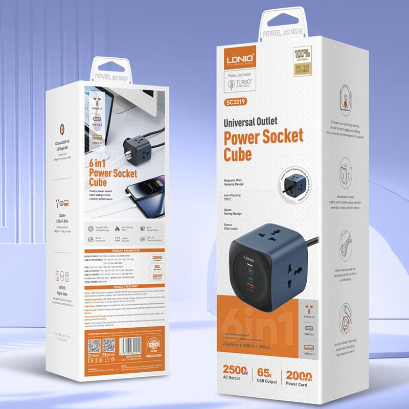 6 IN 1 Cube Design Power Strips 65W Super Fast Charging 2M Universal Standard Extension Cord Power Socket