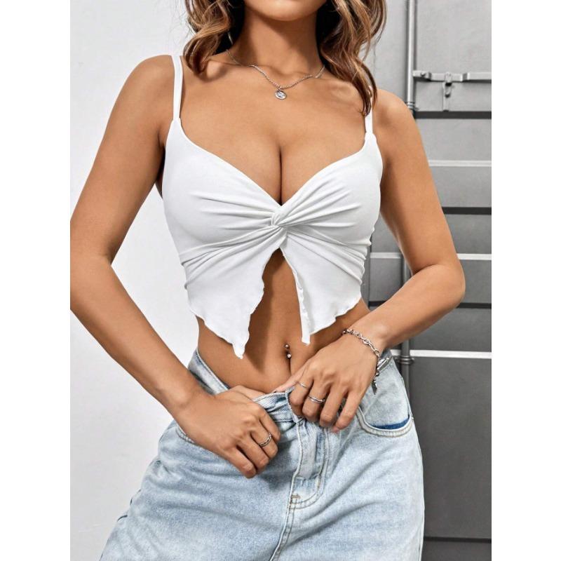 Women Sexy Slim Fit Slit Design Solid Twisted Single Strap Crop Camisole Top
