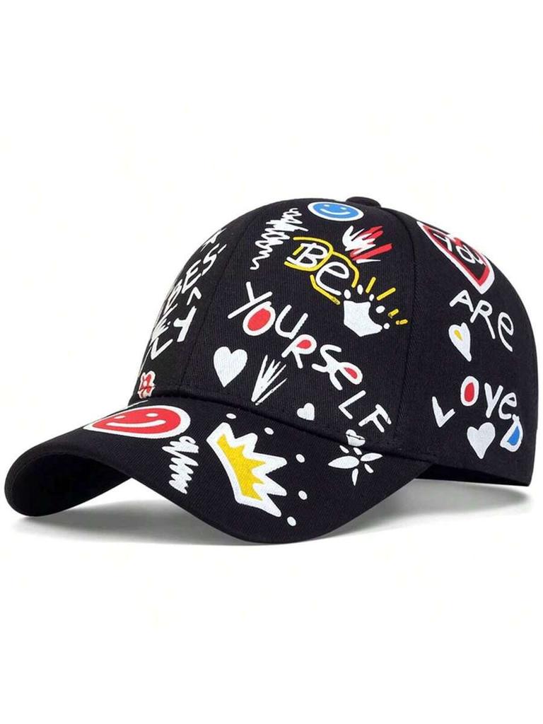 Mens Graffiti Print Baseball Cap With Smiley Face Adjustable Outdoor Sun Protection Hat