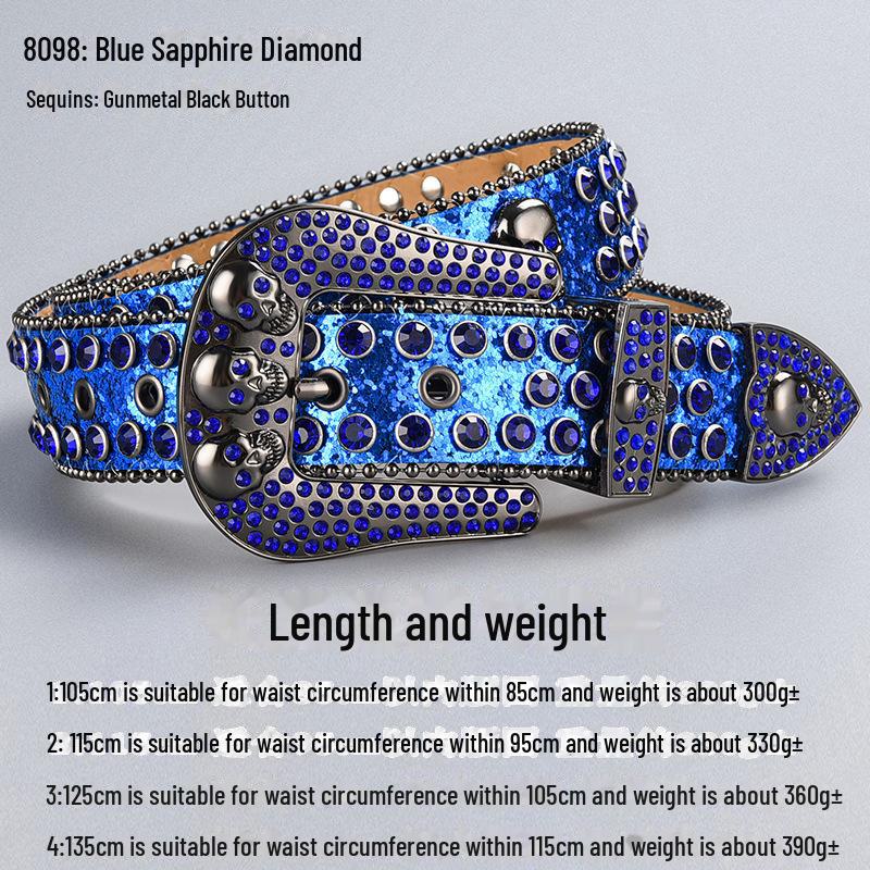 Curea de lux cu cataramă cu strasuri și craniu închis la culoare, cu paiete și diamante