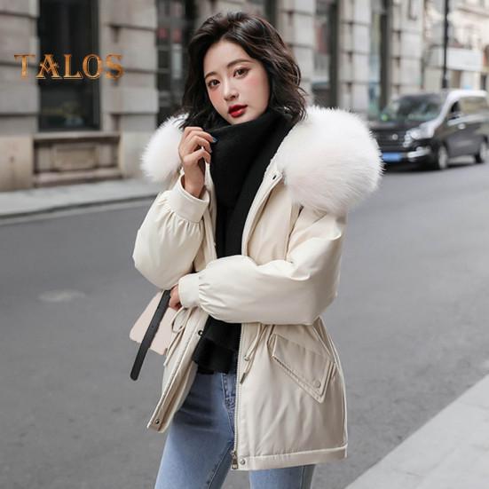 Women Padded Jacket Thickened Plush Lined Coat with Drawstring Waist Winter Warm Puffer Jacket with Faux Fur Hood for Work Streetwear