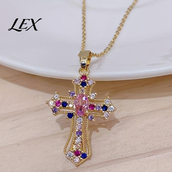 Retro Religious Pendant Necklace Catholic Christian Necklace, Colorful Rhinestone Statement for Women Daily Wear, Jewelry Gift Elegant