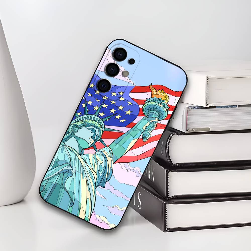 America Flag S-Statue L-Liberty  USA Phone Case For Samsung S25,S24,S21,S22,S23,S30,Ultra,S20,Plus,Soft Silicone Black Cover