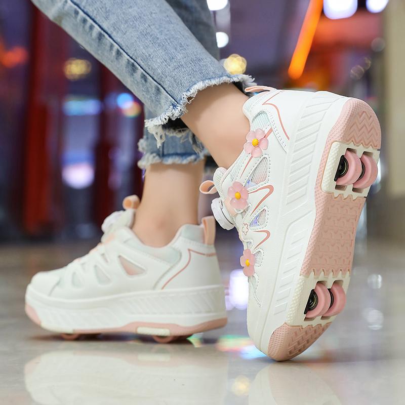 29-40 Boy's Rotating Button Four Wheel Skate Roller Shoes Roller Skating Removable Student Skating Shoes Kid Shoes with Wheels