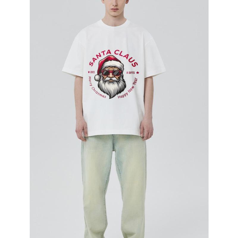 Vánoční tričko bílé Santa Claus se slunečními brýlemi a textem Veselé Vánoce Šťastný Nový Rok Sváteční párty Běžné nošení