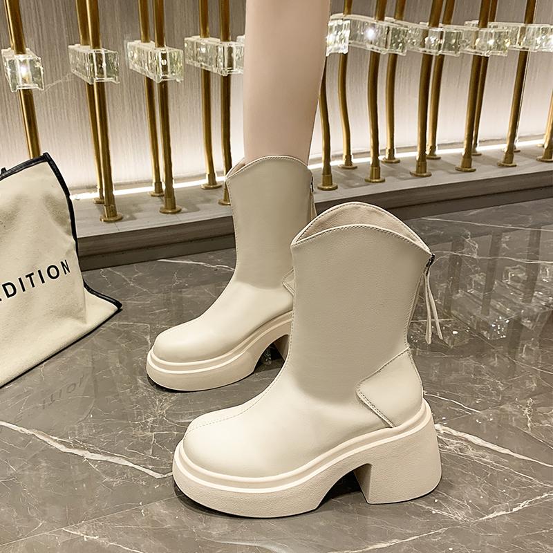 Autumn And Winter New Trend Fashion French Thick-Soled Thick-Heeled Round-Toe Waterproof Platform High-Heeled Fashion Boots