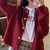 2025 Heart Button Red Knit Cardigan, Korean-Style Slimming Ribbed Knitwear