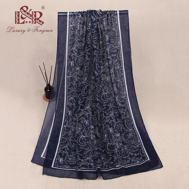 Sciarpa Stola Floreale Blu Scuro Leggera Stile Europeo & Americano Primavera-Autunno