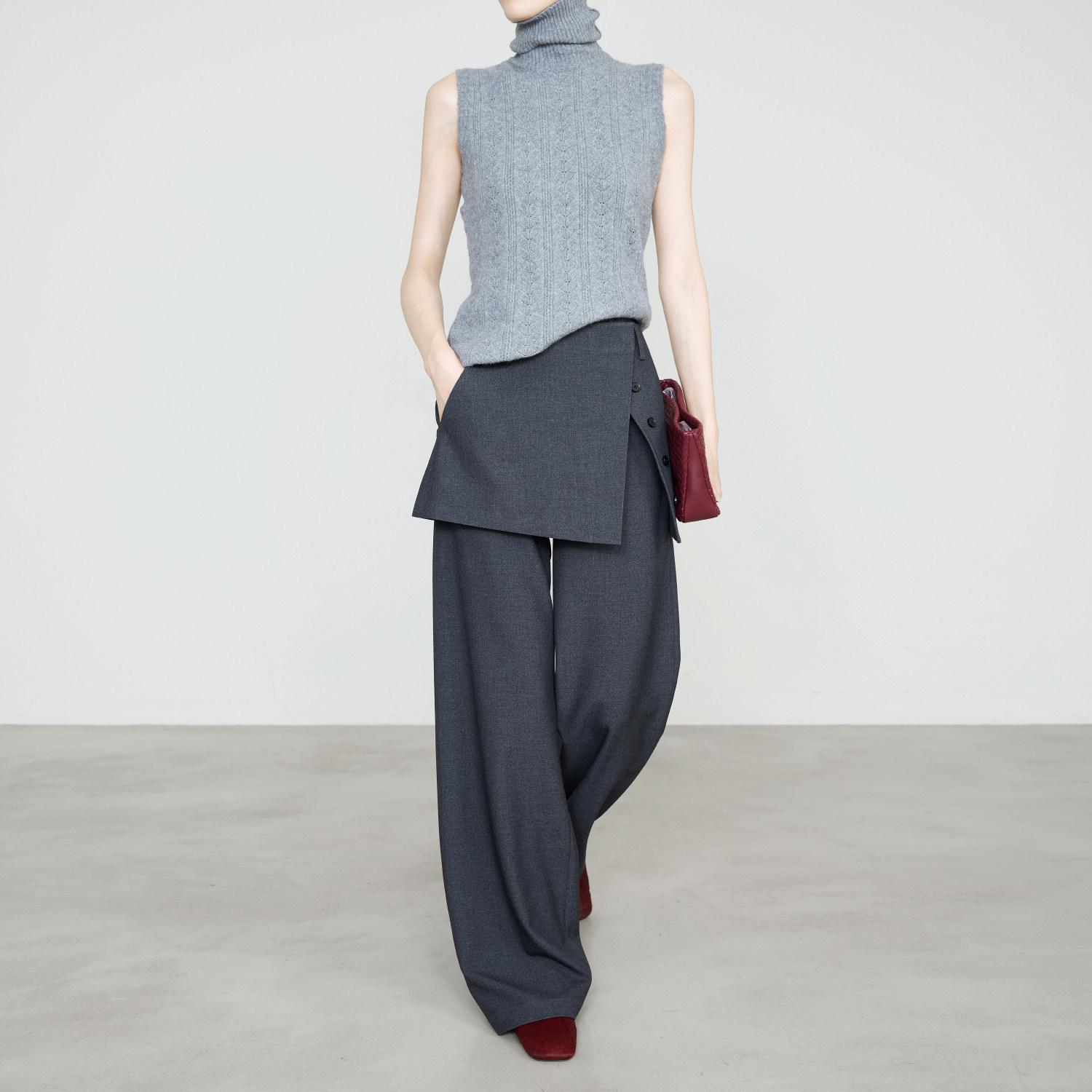 Women s Gray Cupro Tencel Wool Skirt Pants - Stylish Two-Piece Micro-Flare Straight Suit Pants L