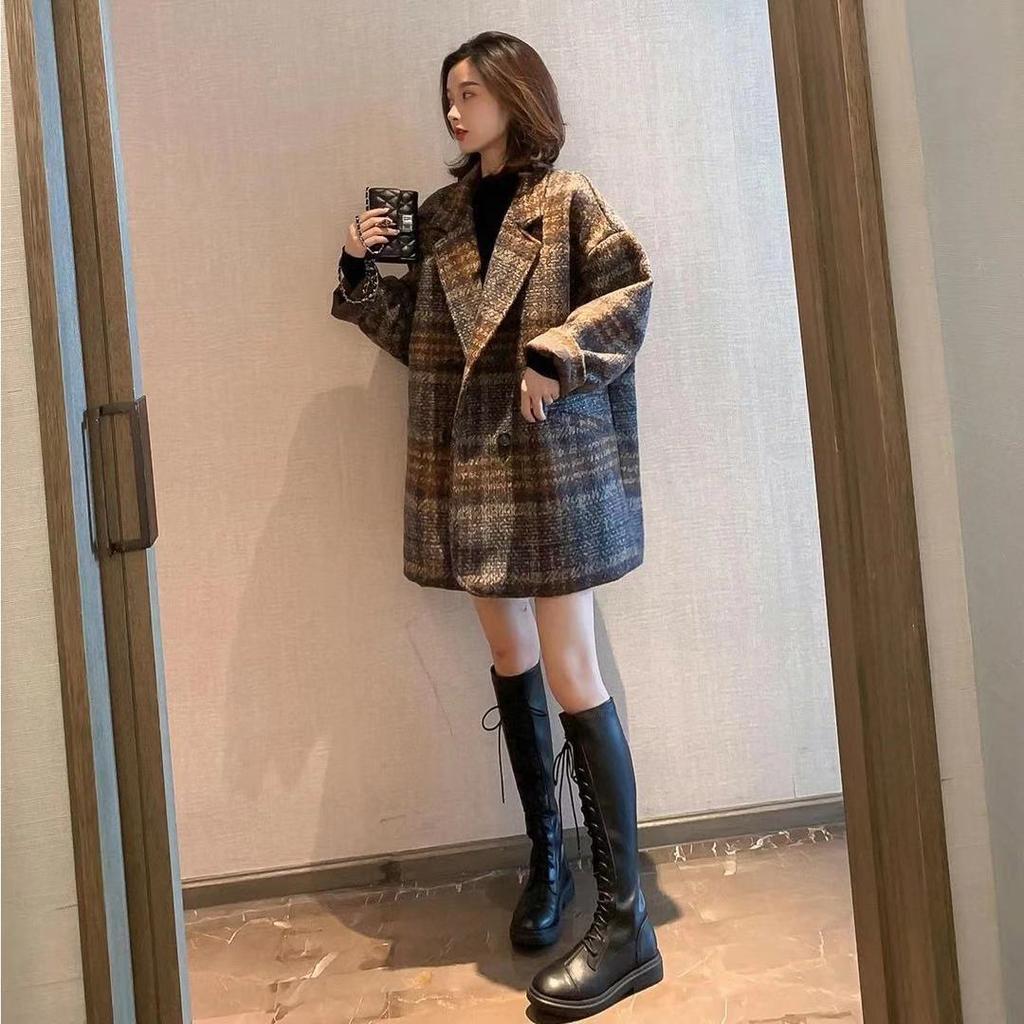 Winter Korean Overcoat Women Vintage Woolen Loose Coats Female Double Breasted Turn-down Collar Overcoat