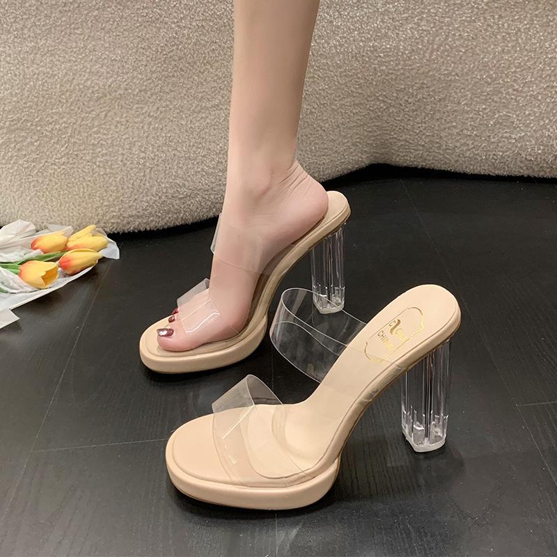High-heeled slippers women's summer new one-word with PVC outer wear fashion crystal heel