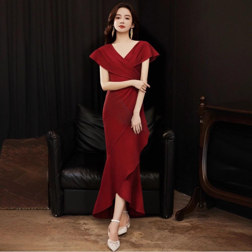 Temperament Red Toast Bride Fishtail Engagement Dress Premium Wedding Return Dress Casual Host Long Dress