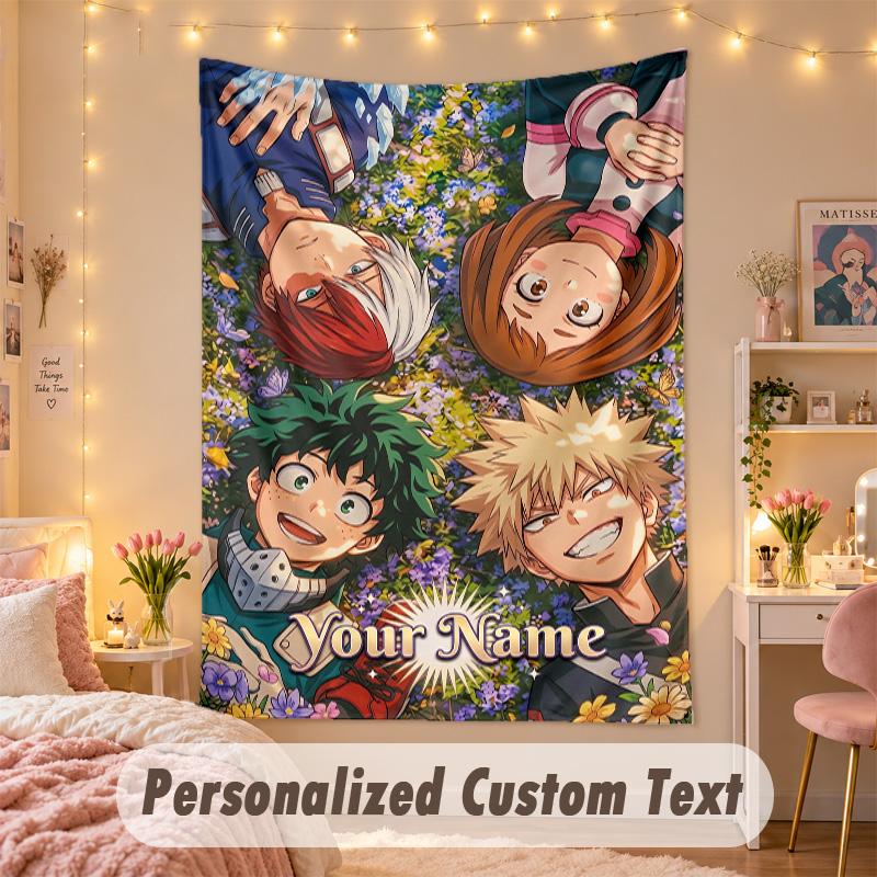 Custom Personalized Tapestry,My Hero Academia Print Custom Name Text Wall Art Hanging for Bedroom