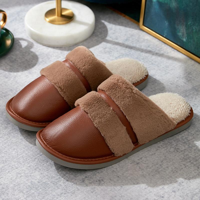 Fashion Warm Men Shoes Indoor Winter Pu Leather Slippers Suede Plush Velvet Shoes for Men Warm Home Slippers 2024 Non Slip Male Slipper