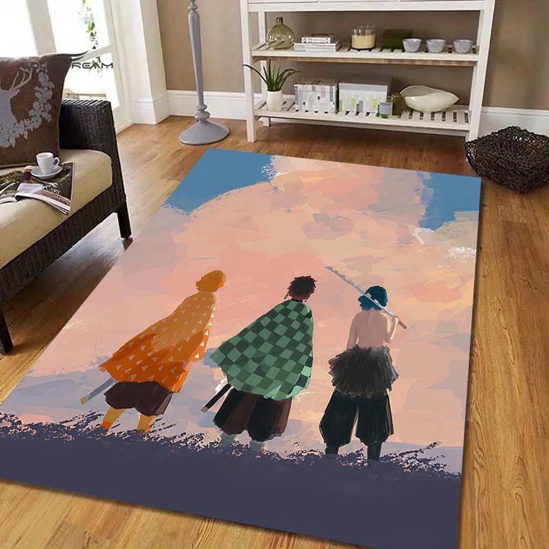 Demon Slayer Flannel Pattern Square Carpet,Area Rug,Carpet Rug for Living Room Bedroom Sofa Playroom Decor,Non-slip Floor Mat