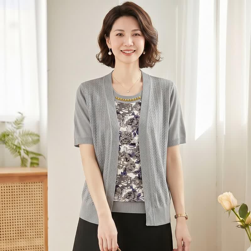 Mid-Age Women s Short Sleeve Loose-Fit Jacquard Knit Cardigan L серый
