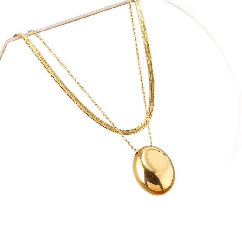 Gold Oval Pendant Necklace - Elegant Titanium Steel, Clavicle Chain, Colorfast, High-End Niche Design for Women