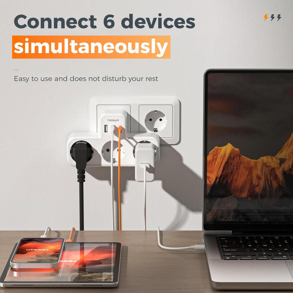 Tessan Keli sieniniai lizdai su 2 USB C 1 USB A prievadais, 6 viename USB adapteriu su apsauga nuo perkrovos išmaniajam telefonui, planšetiniam kompiuteriui
