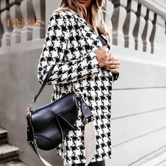 Damen Winter Herbst Mantel Umlegekragen Karomuster Zweireihig Lange Ärmel Dicke Mittellange Jacke für Dating Pendeln Büro